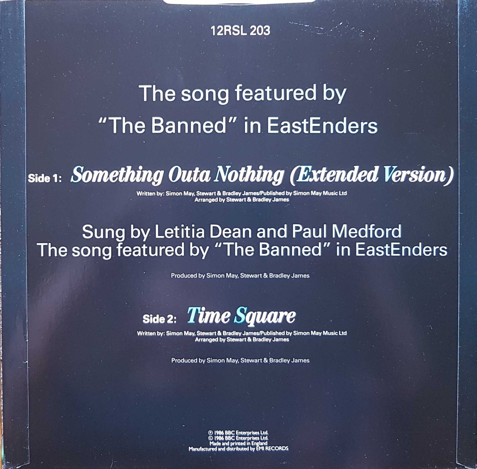 Picture of 12 RSL 203 Something outa nothing (EastEnders) by artist Simon May / Stewart James / Bradley James from the BBC records and Tapes library